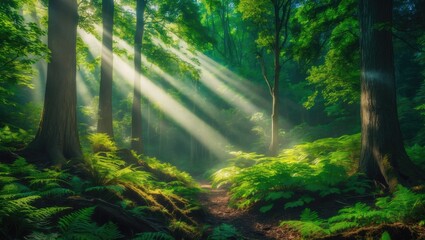 Obraz premium Lush green forest with sunlight rays streaming through trees, illuminating the forest floor and creating a peaceful, serene atmosphere.