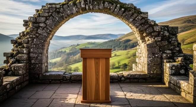 Wooden podium under stone archway with scenic valley view