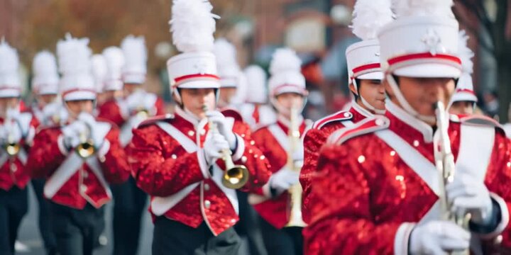 Christmas parade for the 2025 holiday celebration - Marching band marching in formation during the annual winter holiday parade to celebrate xmas and more