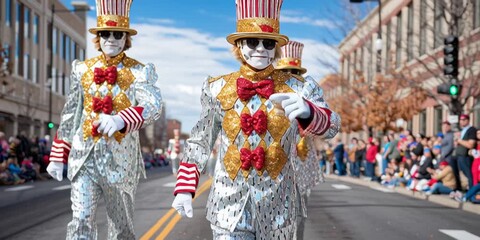 Christmas parade for the 2025 holiday celebration - Nutcracker clowns marching in formation during the annual winter holiday parade to celebrate xmas and more