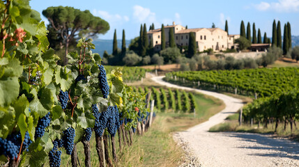 Sun drenches vineyards in Tuscany, Italy. Ripe grapes hang heavy on the vines as a path leads to a grand villa. Rolling hills stretch to the horizon