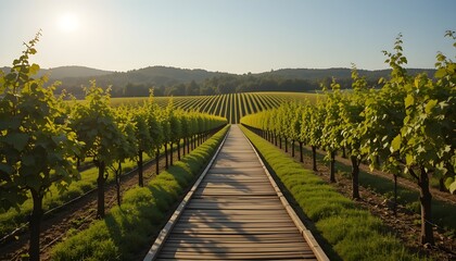 Fototapeta premium Wooden Walkway Through Sunlit Vineyard Rows on a