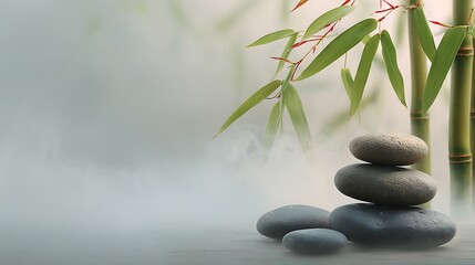 Obraz premium Smooth Gray Stones Stacked Near Green Bamboo with Soft Fog Background