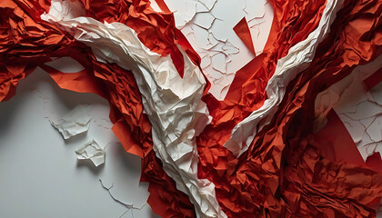 Abstract Crumpled and Torn Red and White Paper Texture - Dynamic Grunge Background, Artistic Fracture, Material Design, Stress, Creativ