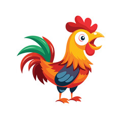 Vector art of a cute cartoon rooster with vibrant orange, red, and green feathers, isolated on white background