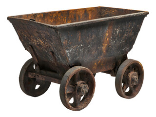 Old rusty mining cart with wheels isolated on transparent background