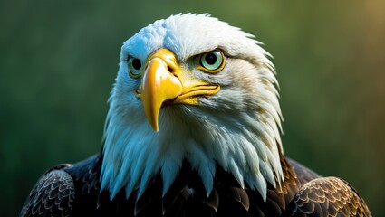 Obraz premium Close-up of a majestic eagle's head with sharp eyes and yellow beak, showcasing its detailed feathers and intense gaze against a blurred green background.