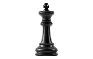 A glossy, dark black chess king, centered against a pure black background.  Its smooth, vertical form extends from a rounded base to a crowned top.  The piece is in perfect focus