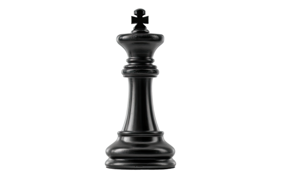 A glossy, dark black chess king, centered against a pure black background.  Its smooth, vertical form extends from a rounded base to a crowned top.  The piece is in perfect focus