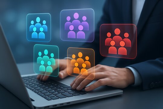 Colorful digital group icons above laptop showing smart workforce segmentation interface for business team analytics collaboration and virtual employee management strategy