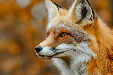 Fototapeta premium Close-up portrait of a majestic red fox with vibrant orange fur and piercing amber eyes, looking thoughtfully to the side against a blurred autumn background.