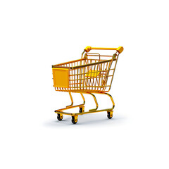A bright yellow miniature shopping cart isolated on a clean white background