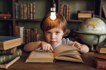 Little boy discovering the magic of reading with glowing lightbulb above, focused on open book in library setting