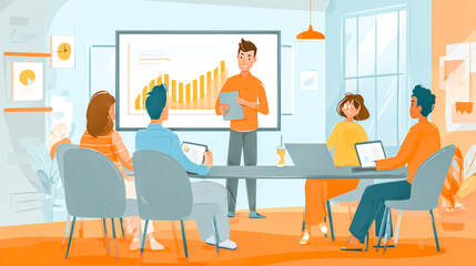 Creative Business Meeting Presentation Teamwork and Collaboration for Success and Innovation in Modern Office Space Illustration