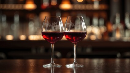 Two glasses of red wine on a bar counter with a blurred background.