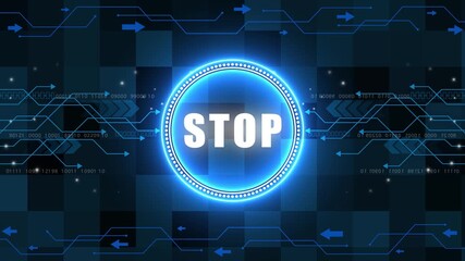 Animated stop sign on dark background. Warning or prohibition symbol. 4k Stop Sign Glitch Video Background 4k animation of a vintage stop sign background with nice retro glitch.