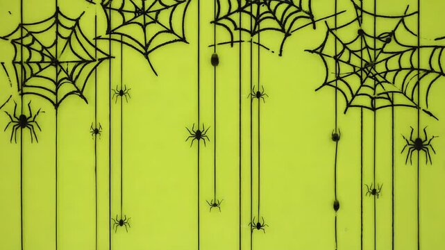  black Halloween spider webs stretching from the top corners and edges of the frame, several thin silk threads hanging down with small black spiders suspended at different heights, all elements are cl