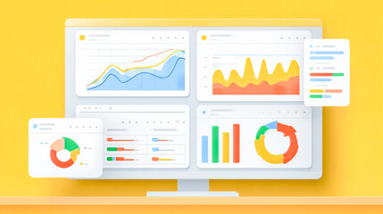 Data visualization dashboard on computer screen with charts and graphs for business analytics and performance monitoring in modern UI design
