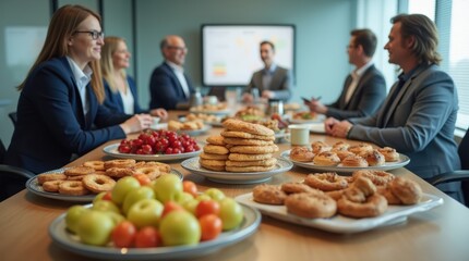 Office catering spread with fresh fruit, bagels, and pastries for healthy corporate meeting collaboration scene.