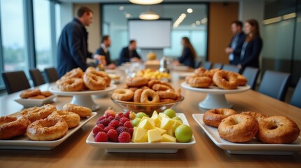 Office catering spread with fresh fruit, bagels, and pastries for healthy corporate meeting collaboration scene.
