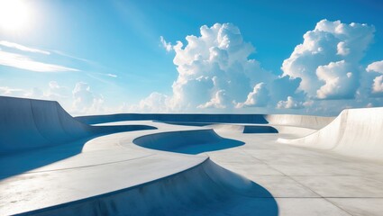 Concrete skatepark with smooth curved ramps under a bright blue sky with clouds.