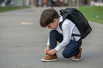 Young student tying his shoelaces before school, ready for learning and new adventures, back to education
