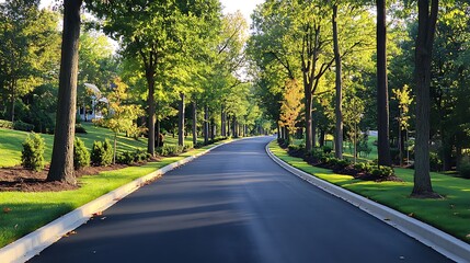 Fototapeta premium Tree-lined boulevard with fresh greenery on both sides, smooth black road stretching ahead 