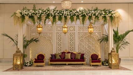 ornate wedding stage with golden lantern decor and a stunning floral arrangement backdrop