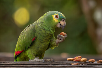 Obraz premium Parrot using feet to hold food while eating
