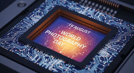 World Photography Day message displayed on a microchip, showcasing technology and the celebration of photography.