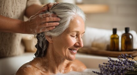Fototapeta premium Elderly Woman Relaxing in Bathtub with Gentle Massage in a Peaceful Bathroom Setting