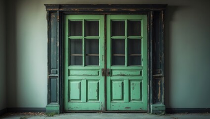 Old door with faded green color and glass panes, surrounded by dark, worn wood framing. The door features multiple panels and a rustic, vintage appearance.