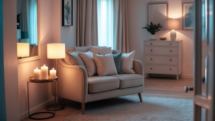 A cozy living room with a beige sofa, cushions, candles, lamps, and soft lighting, creating a warm and inviting atmosphere.