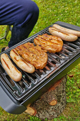 meat on the grill. grilled sausages on the grill barbecue on the nature, aoudoor in summer	