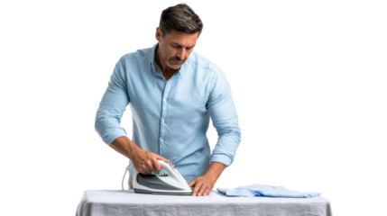 A man ironing a shirt carefully on an ironing board with a focused expression.