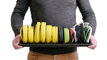 A person holding a tray with neatly organized electrical cables in various colors on a white isolated background.