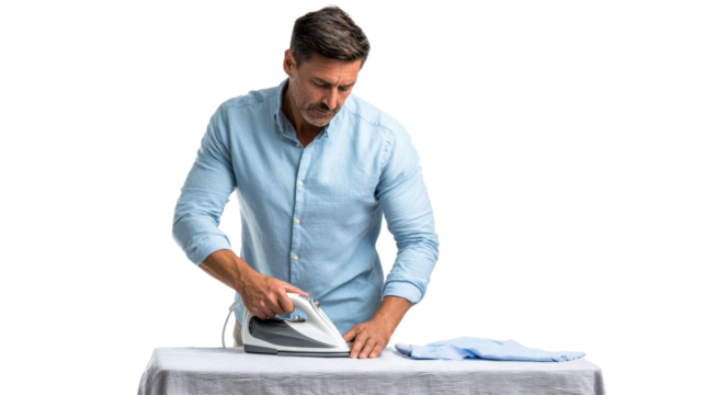 A man ironing a shirt carefully on an ironing board with a focused expression.
