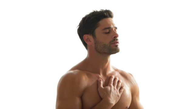 A man with a contemplative expression, standing with his hand on his chest, isolated on a white background.