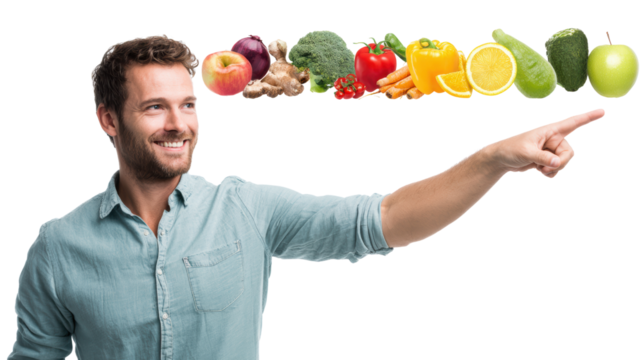 A man pointing at a selection of fresh fruits and vegetables, white isolated background.
