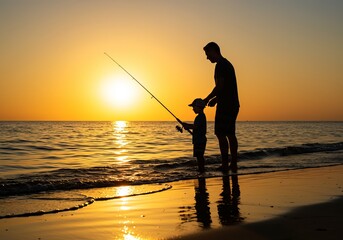 Silhouette of father and son fishing together on the beach at sunset