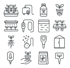 Hydroponics icons set: tools, seedlings, and growth elements