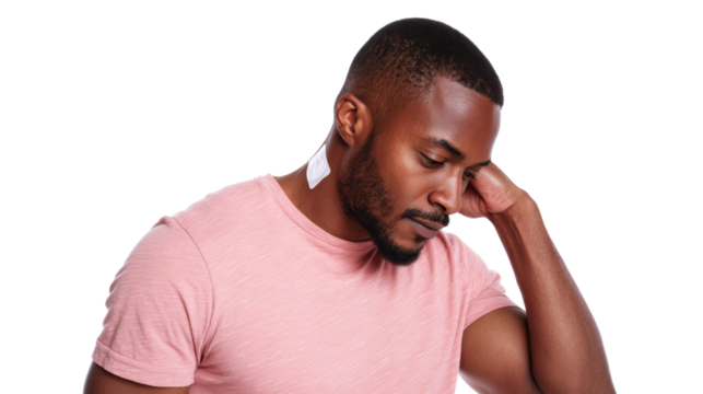 A thoughtful man wearing a pink shirt, lost in contemplation against a white background.