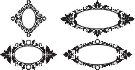 Ornate Oval Frames with Floral and Scrollwork Embellishments in Black and White Keywords: frame, border, ornate, decorative, oval