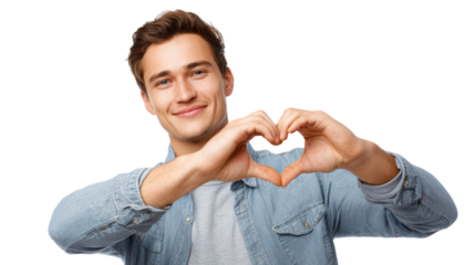 A young man making a heart shape with his hands, smiling at the camera, conveying love and positivity.