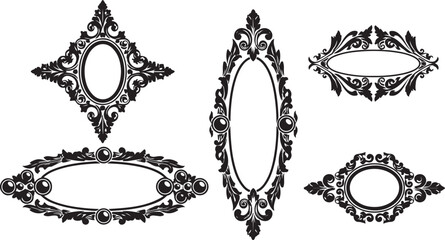 Ornate Black Oval and Diamond Shaped Decorative Frames with Swirls and Beads border vintage