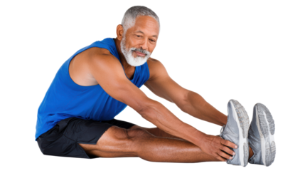 Active senior man stretching his legs, promoting fitness and healthy lifestyle, isolated on white background.