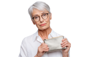 An elderly woman with silver hair holding a wallet, expressing thoughtful contemplation against a white background.