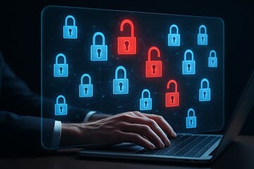 Cybersecurity vulnerability detected on digital system with red unlocked padlocks indicating data breach risk on secure network interface display