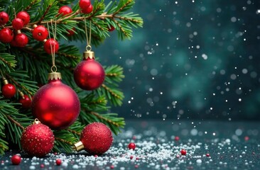 Decorated with ornaments and lights Christmas tree on dark green background. Merry Christmas and Happy Holidays greeting card, frame, banner. New Year. Noel. Winter holiday theme.