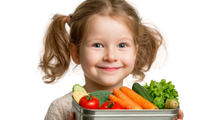 Cheerful girl holding a tray of fresh vegetables, promoting healthy eating habits.
